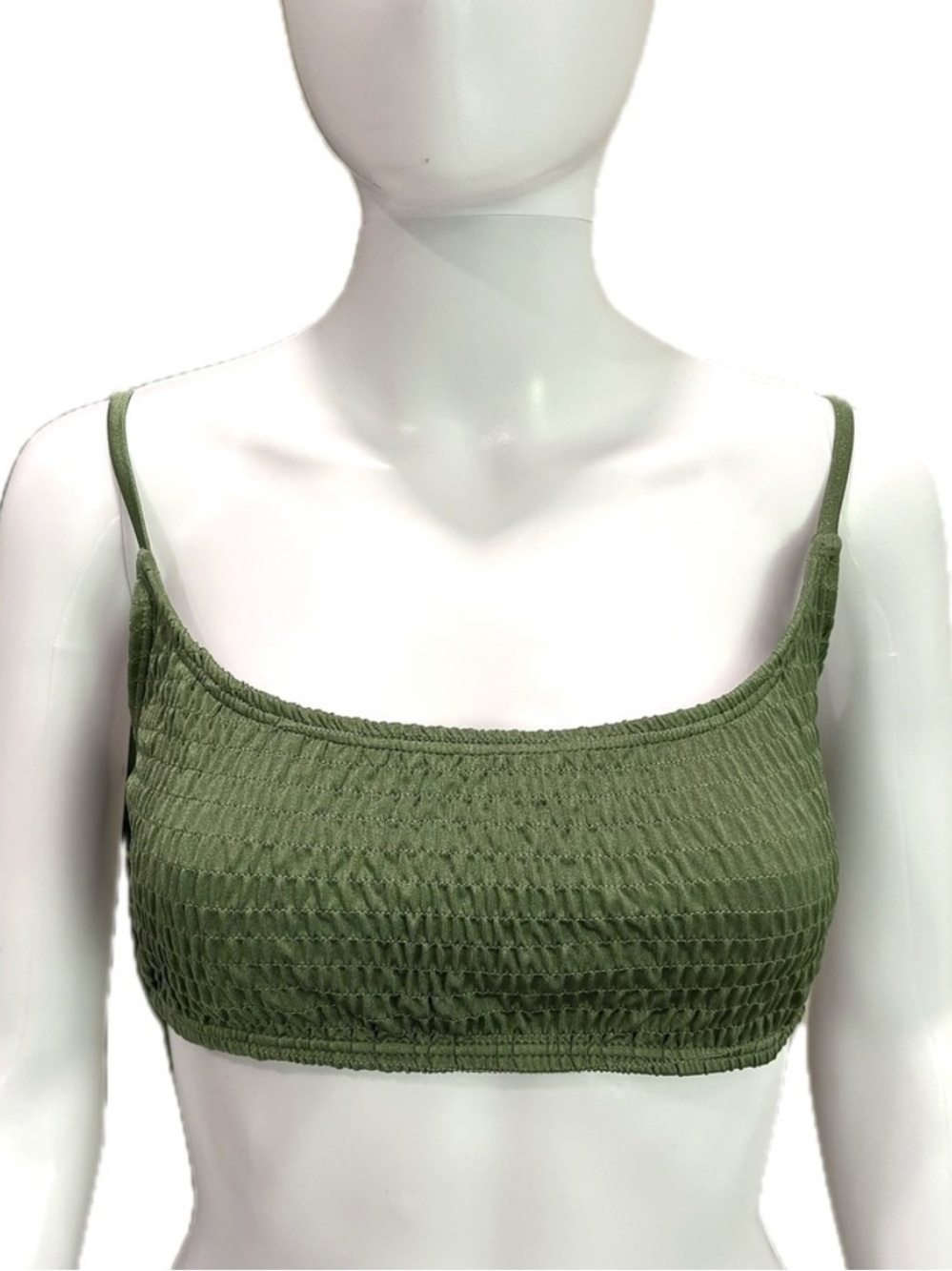 South Beach Smocked Bikini Top Womens Size 14 Olive Green Spaghetti Strap NEW